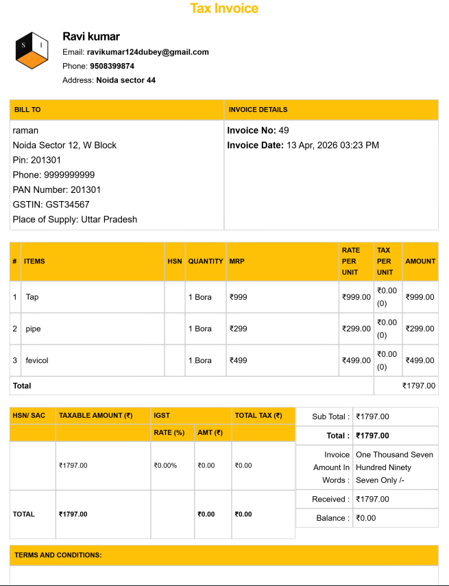 Tally Theme Hardware Bill